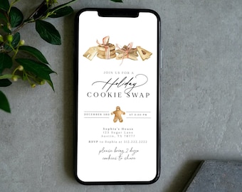 Può includere: Uno smartphone mostra un invito a uno scambio di biscotti natalizi. L'invito presenta illustrazioni ad acquerello di biscotti e un omino di pan di zenzero. Il testo include "Holiday Cookie Swap", data, ora e informazioni RSVP.