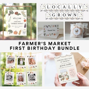 Farmers Market Birthday Bundle, First Year of Growth, Farmer&#39;s Market First Birthday Party, Vegetables Locally Grown Printable Template