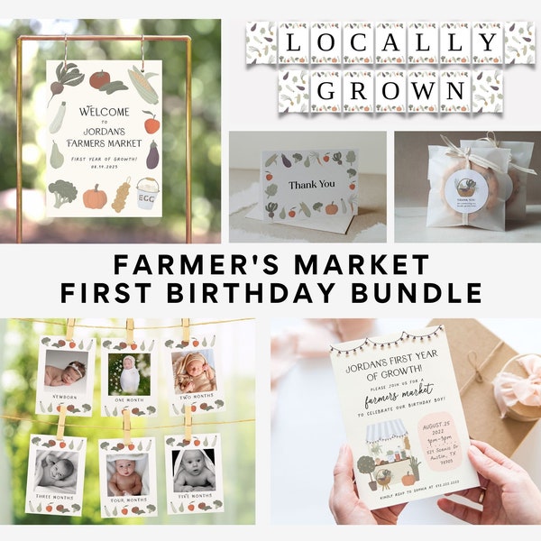 Farmers Market Birthday Bundle, First Year of Growth, Farmer's Market First Birthday Party, Vegetables Locally Grown Printable Template