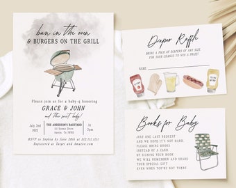 BBQ Baby Shower Invitation Set, Bun in the Oven Baby Shower Template, BABYQ, Couples Shower Cook Out, Backyard Barbeque Baby Shower Invite