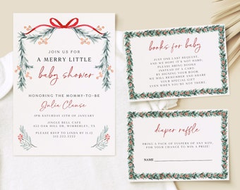 Może przedstawiać: Zaproszenie na baby shower w świątecznym stylu z czerwoną kokardką i zielonymi liśćmi. Zaproszenie brzmi "Dołącz do nas na małą, radosną baby shower" i zawiera imię "Julia Clause". Są też dwie mniejsze karty na książkę i loterię pieluszek.