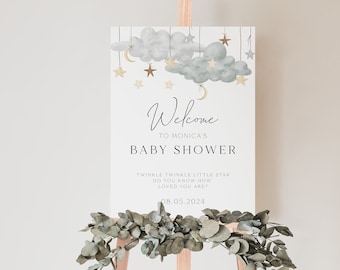 Baby-Dusche-Willkommens-Schild, Twinkle Twinkle Little Star Baby-Dusche-Willkommensschild, Mond-Sterne-Zeichen, geschlechtsneutraler Mond und Sterne, printable