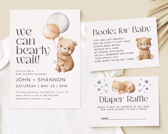 May include: A baby shower invitation with a cute cartoon bear holding balloons. The invitation says "We can bearly wait!" and includes the names John and Shannon, the date and time of the shower, and the address. The invitation also includes a request for guests to bring books instead of cards, and a diaper raffle.