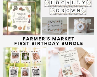 Farmers Market Birthday Bundle, First Year of Growth, Farmer&#39;s Market First Birthday Party, Vegetables Locally Grown Printable Template