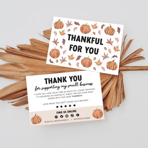 Plantilla de tarjeta de agradecimiento comercial de otoño con calabaza, plantilla de agradecimiento para pequeñas empresas editable, prospecto personalizable, agradecimiento de otoño