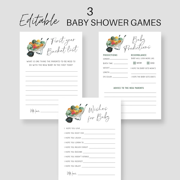 Farmer's Market Baby Shower Game Bundle, Locally Grown Baby Shower Games, Baby Predictions, Wishes for Baby, Printable, Editable