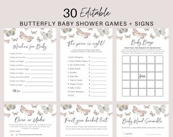 Op de afbeelding: Een set met printbare babyshower-spellen met een vlinderthema. De spellen omvatten "Wensen voor baby", "De prijs is goed", "Baby Binge", "Meer of minder", "Emmerslijst voor het eerste jaar" en "Baby-woordensalade".