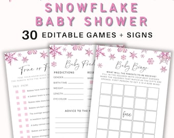 May include: Printable baby shower game cards with a snowflake theme. The games include "True or False", "Baby Predictions", and "Baby Bingo".
