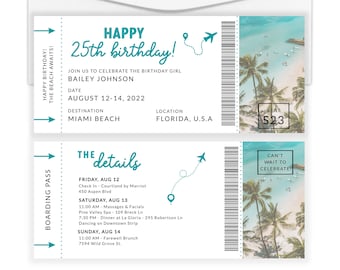 Modello di carta d'imbarco di compleanno, biglietto d'imbarco modificabile, regalo di viaggio a sorpresa, biglietto di compleanno, biglietto aereo, coupon di viaggio, biglietto per le vacanze