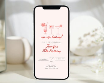 Retro Pink Cocktail Birthday Party Invitation Template, iPhone Invitation, Mimosa Margarita Birthday Invite, Sip Sip Hooray, Birthday Evite