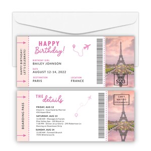Modelo de cartão de embarque de aniversário, bilhete de embarque editável, presente de viagem surpresa, bilhete de aniversário, bilhete de avião, cupom de viagem, bilhete de férias