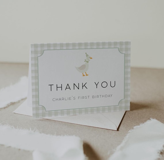 Silly Goose Birthday THANK YOU Card Template, Goose 1st Birthday Thank You Card, Printable Thank You Card, Sage Birthday, One Lucky Duck Boy