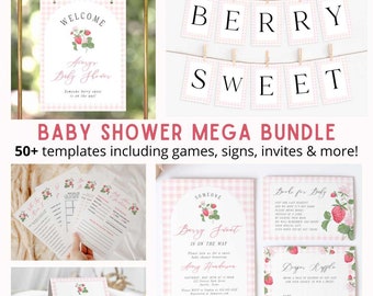 Strawberry Baby Shower Invitation Bundle, Berry Sweet Baby Shower Bundle, Pink Gingham Berry Baby Shower Invitation, Summer Baby Shower