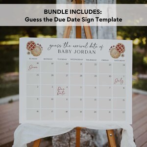 May include: A printable sign for a baby shower, featuring a calendar with the text "guess the arrival date of BABY JORDAN" and a due date marked on the calendar. The calendar is decorated with two watercolor illustrations of pies.