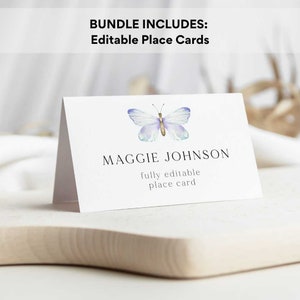 May include: Editable place card with a watercolor butterfly design. The card says "Maggie Johnson" and "fully editable place card".