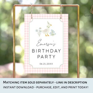 May include: A pink and white gingham printable sign with a cute cartoon duck wearing a party hat. The sign says "Emerson's Birthday Party" and includes the date "06.21.20XX".