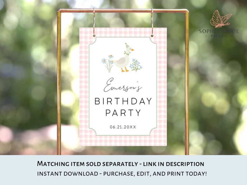 May include: A pink and white gingham printable sign with a cute cartoon duck wearing a party hat. The sign says "Emerson's Birthday Party" and includes the date "06.21.20XX".
