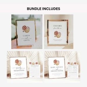 May include: Printable signs for a baby shower with a pie theme. The signs include "Cards and Gifts", "Favors Please Take One", "Family Traditions", "Baby Advice and Predictions", and "Advice and Predictions".