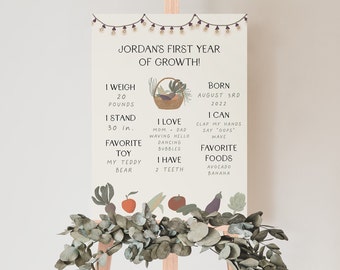 May include: A beige printable poster with a green and brown illustration of a basket of produce. The poster is decorated with a string of lights and has the text "Jordan's First Year of Growth!" and details about the child's first year, including weight, height, favorite foods, and favorite toys.