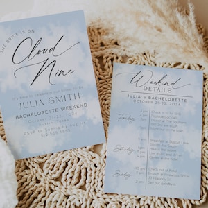 On Cloud Nine Bachelorette Weekend Invitation Template, The Bride is On Cloud Nine, Cloud 9 Bachelorette Itinerary, Cloud Theme, Printable