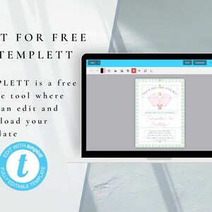 May include: A laptop screen displays a party invitation template. The invitation features a pink and green gingham pattern, two tennis rackets, and the text "Let's Hit the Court!" and "Sabrina's 1st Birthday!" The screen also shows the text "Edit for Free in Templett."