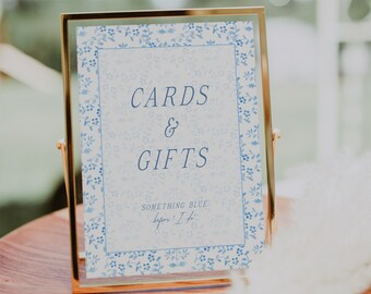 Something Blue Bridal Shower Cards and Gifts Sign, Something Blue Before I Do, Blue Floral Bridal Shower Decoration, Blue Wavy Border, B0