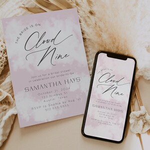 On Cloud Nine Bridal Shower Invitation Template, The Bride is On Cloud Nine, Cloud 9 Bridal Shower Invite, Pink Bridal Shower Themes