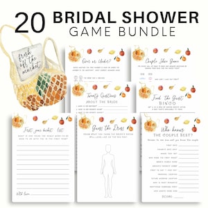 May include: A set of 20 printable bridal shower game cards featuring a fall theme with illustrations of baskets, peaches, and leaves. The games include "Over or Under", "Twenty Questions About the Bride", "Couple Shoe Game", "Find the Guest Bingo", "First Year Bucket List", "Guess the Dress", and "Who Knows the Couple Best?"