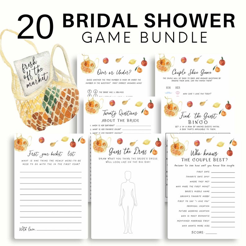 May include: A set of 20 printable bridal shower game cards featuring a fall theme with illustrations of baskets, peaches, and leaves. The games include "Over or Under", "Twenty Questions About the Bride", "Couple Shoe Game", "Find the Guest Bingo", "First Year Bucket List", "Guess the Dress", and "Who Knows the Couple Best?"