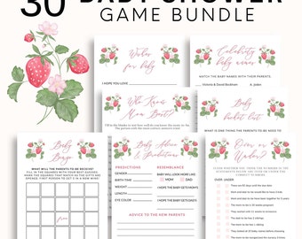 May include: A set of 30 printable baby shower games featuring a strawberry theme. The games include "Baby Bingo", "Who Knows Mom Best?", "Baby Advice & Predictions", "Celebrity Baby Names", "Baby Bucket List", and "Over or Under".