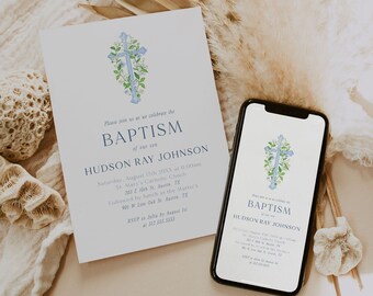 Boy Baptism Invitation Template, Christening Invitation Boy, Blue Baptism Invite with Picture, Boy Baptism Invite, Baptism Evite, Editable