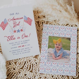 May include: A red, white, and blue invitation for a first birthday party. The invitation says "Our All American Girl Ellie is One!" and includes details about the party, including the date, time, and location. The invitation also features a watercolor illustration of fireworks and American flags.