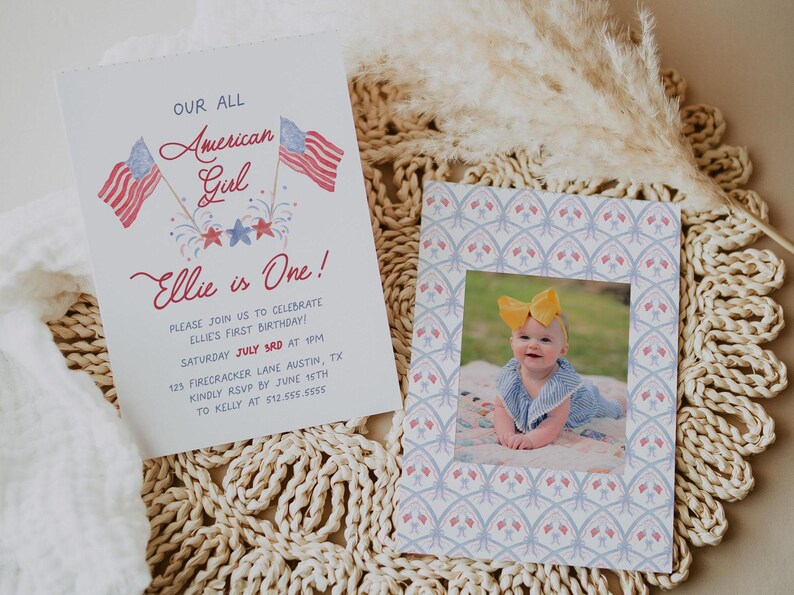 May include: A red, white, and blue invitation for a first birthday party. The invitation says "Our All American Girl Ellie is One!" and includes details about the party, including the date, time, and location. The invitation also features a watercolor illustration of fireworks and American flags.
