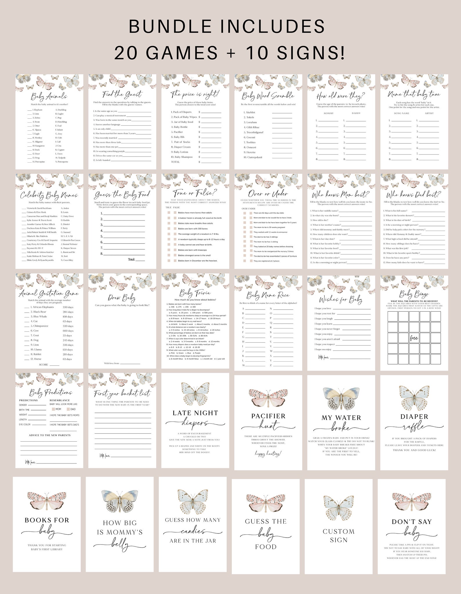 Butterfly Baby Shower Game Bundle Baby Shower Games Butterfly Etsy