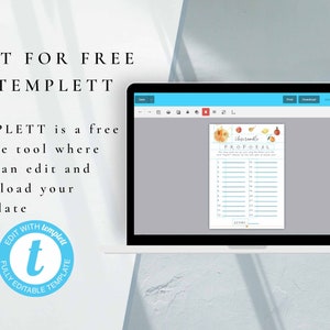 May include: A computer screen displaying a printable "Thanksgiving Scramble Proposal" template with a watercolor design of pumpkins, leaves, and apples. The template is available for free editing on the Templett website.