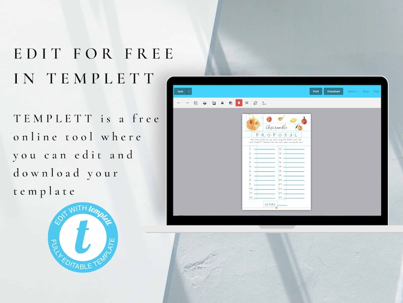 May include: A computer screen displaying a printable "Thanksgiving Scramble Proposal" template with a watercolor design of pumpkins, leaves, and apples. The template is available for free editing on the Templett website.