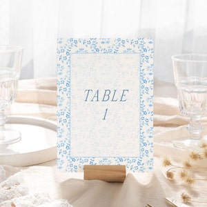 Blue Floral Table Number Template, Something Blue Before I Do, Blue Floral Bridal Shower Decoration, Printable Table Numbers, Editable, B0