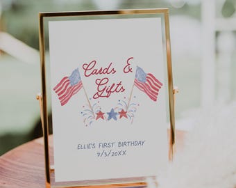 4. Juli Geburtstagskarten und Geschenke Schild, All American Birthday, Rot, Weiß und Blau, Little Firecracker Erster Geburtstag, Rot, Weiß und Due