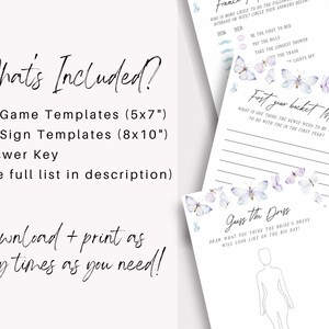 May include: Printable bridal shower game templates featuring a watercolor butterfly design. The set includes 20 game templates, 10 sign templates, and an answer key. The text "What's Included?" and "download + print as many times as you need!" is visible on the image.