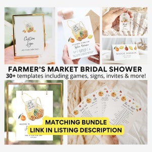 May include: A printable bridal shower invitation set with a farmer's market theme. The invitation features a watercolor illustration of a mesh bag filled with lemons and oranges. The text on the invitation reads "Let's celebrate the bride-to-be Taylor Robinson".