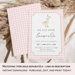 May include: A pink and white gingham patterned invitation with a green border. The invitation features a cartoon goose wearing a hat and the text "Our Silly Goose Emerson is One". The invitation also includes the date, time, and location of the event.