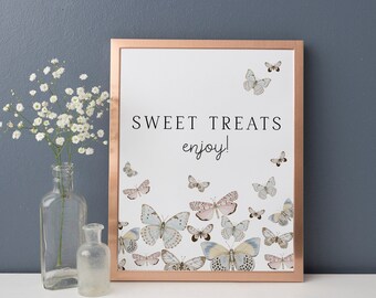 Signo de golosinas dulces de mariposa, letrero de mesa de postre personalizado, baby shower de mariposas, fiesta de cumpleaños de mariposas, mesa de pastel, baby shower de mariposas
