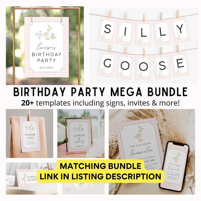 May include: A digital printable party bundle for a baby's first birthday with a silly goose theme. The bundle includes a variety of templates, such as signs, invitations, and thank you cards. The designs feature a pink and white gingham pattern with a cute cartoon goose.