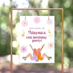 Roller Skating Birthday Party Welcome Sign, 70&#39;s Roller Rink Birthday Party, Groovy Birthday Party Decoration, Printable, Editable