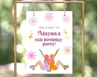 Cartel de bienvenida de la fiesta de cumpleaños del patinaje sobre ruedas, fiesta de cumpleaños de la pista de patinaje de los 70, decoración de la fiesta de cumpleaños genial, imprimible, editable