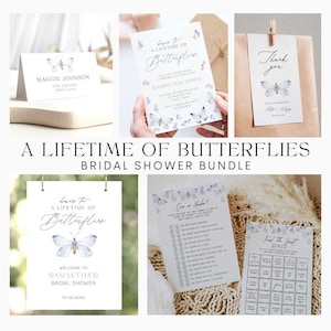 May include: A bridal shower bundle with a butterfly theme. The bundle includes a welcome sign, invitation, place card, game cards, and a thank you card. The cards feature watercolor butterflies in shades of purple and blue.
