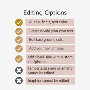 May include: A list of editing options for a template.  The options include editing text, fonts, text color, adding or deleting text, editing the background color, adding photos, and adding a back side with custom information or photos.  The options that cannot be edited include template size and orientation and graphics.