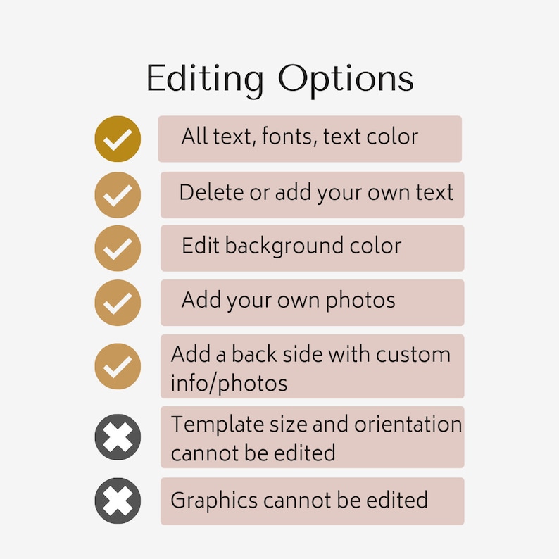 May include: A list of editing options for a template.  The options include editing text, fonts, text color, adding or deleting text, editing the background color, adding photos, and adding a back side with custom information or photos.  The options that cannot be edited include template size and orientation and graphics.