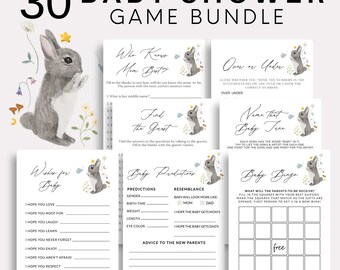 May include: A set of 30 printable baby shower game cards featuring a watercolor illustration of a gray bunny rabbit with floral accents. The games include "Who Knows Mom Best", "Over or Under", "Find the Guest", "Near That Baby Tree", "Baby Predictions", "Baby Bingo", and "Wishes for Baby".