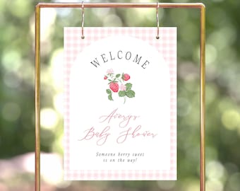 Modèle de plaque de bienvenue pour baby shower Berry | Douche sucrée aux baies | Baby Shower aux fraises | Douche à thème Baies | Baby shower d'été | Modifiable